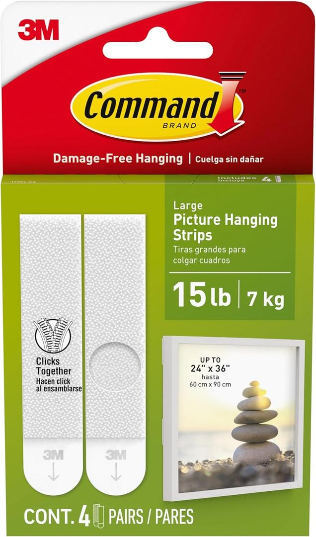 Command Large Picture Hanging Strips, Damage-Free Hanging Picture Hangers, No Tools Wall Hanging Strips for Christmas Decorations, 4 White Adhesive Strip Pairs