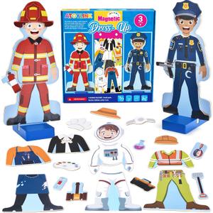 Atoylink Wooden Magnetic Dress up Dolls Pretend Play Set 40+ Pcs Occupations Community Helpers Matching Games Fridge Magnets for Toddlers Preschool Learning Toys Boys Birthday Gifts