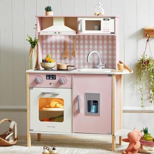 Tiny Land Play Kitchen for Kids, Wooden Kids Play Kitchen Playset Chef Pretend Play Set for Toddlers with Real Lights & Sounds, Toys Kitchen with 18 Pcs Toy Food & Cookware Accessories (Pink)