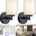 Battery Operated Wall Sconce Set of 2, Wireless Wall Sconce with Remote,10000mAh Rechargeable RGB Dimmable Bathroom Light Fixtures with Double Clear Glass Shade NOT Hardwired (Black)