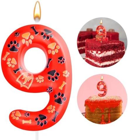 4 Pack Number 9 Black and Red Dog Paw Birthday Candles Cake Topper Red Print Themed Numeral Birthday Candles for Boy Girl Decoration(Number 9, Black,Red,Orange)