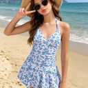 7-16 Years Teen Girl Swimsuit Halter Neck Two Piece Cover Up Skirt Bathing Suit Beach Swimwear for Girls (White, XS)