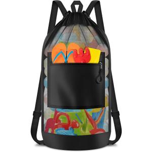 BROTOU Beach Mesh Backpack with Double Shoulder Strap, Large Mesh Beach Toy Bag, Drawstring Sand Toys Bag with Top Handle, Pool Bag for Beach Trips, Balls Storage Bags