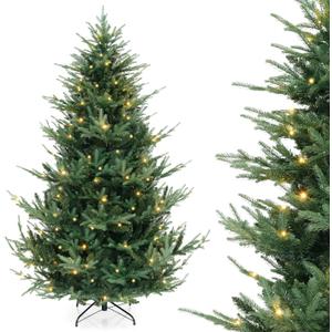 HAPPYGRILL 7 FT Pre-Lit Artificial Christmas Tree, Hinged Xmas Tree with 1090 PVC PE Branch Tips, 340 Warm White LED Lights, 8 Lighting Modes & Gloves, Fake Green Tree for Home, Carnival & Party
