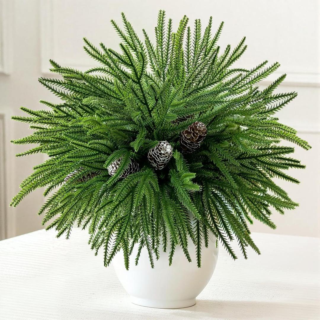 12 Bundles Artificial Norfolk Pine Branches, 18Inches Real Touch Pine Stems Christmas Greenery Stems with 8 Snowy Pinecone Stems for Christmas Home Dcor Vase DIY Crafts