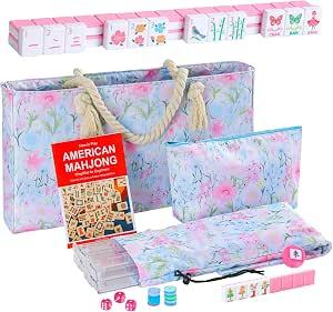 2026 American Mahjong Set Complete with Blue Carrying Bag, 160 Pink Cute Mahjong Tiles, 4 All-in-One Transparent Mahjong Racks with Pushers, Majiang Tile Set