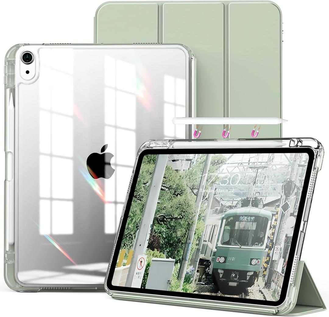 kenke Hybrid Case for iPad Air 11 Inch (M3) 2025 / (M2) 2024, iPad Air 5th/4th Gen 2022/2020 10.9 Inch with Pencil Holder, Detachable Cover with Clear Hard Back Shell, Auto Sleep/Wake, Light Green