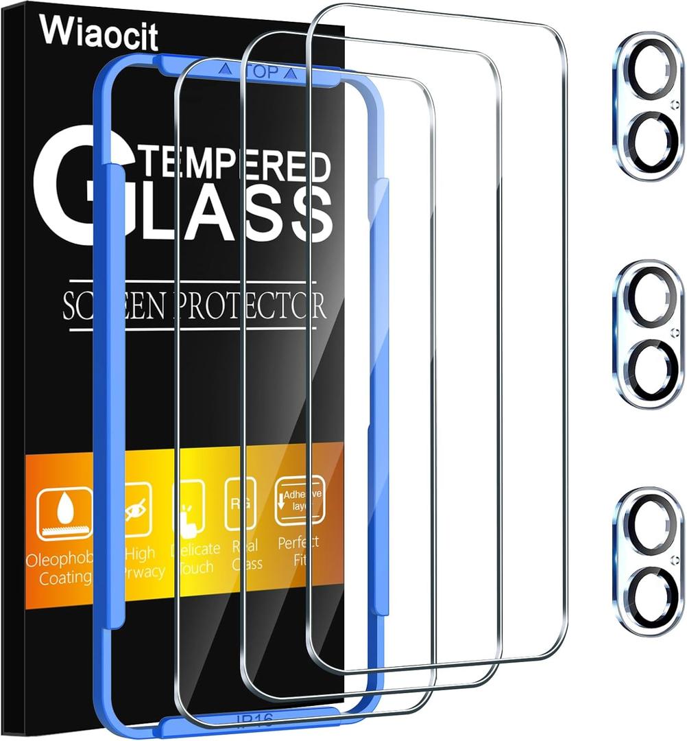Wiaocit 3 Pack Tempered Glass Screen Protector for iPhone 16 with 3 Pack Camera Lens Protector, 9H Hardness, Bubble Free, Case Friendly