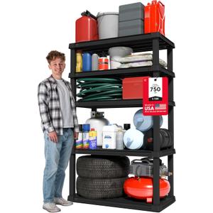 IRIS USA 5-Shelf Heavy Duty Plastic Storage Shelves, 750lb Capacity, 68" H x 36" W x 18" D, Large Modular Shelving Unit Storage Organizer for Garage, Home, Warehouse & Gym, Storage Rack - Black