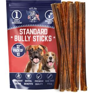 Devil Dog Pet Co. Bully Sticks  12 Inch, 10 Pack, Standard Sized Dog Chews, 100% Natural, Single Ingredient, Free-Range Grass-Fed Beef  Long Lasting, Rawhide-Free Treats for Dogs