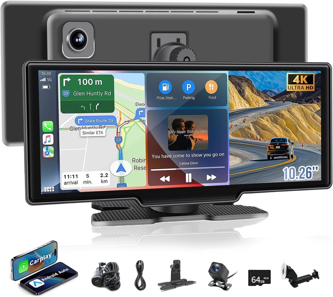 Wireless Carplay Screen for Apple Car Play & Android Auto with 4K Dash Cam & 1080P Rear Camera for Car - Portable 10.26" Car Stereo with Voice Contro & 64G TF Card Loop Recording for 12-24V Vehicles