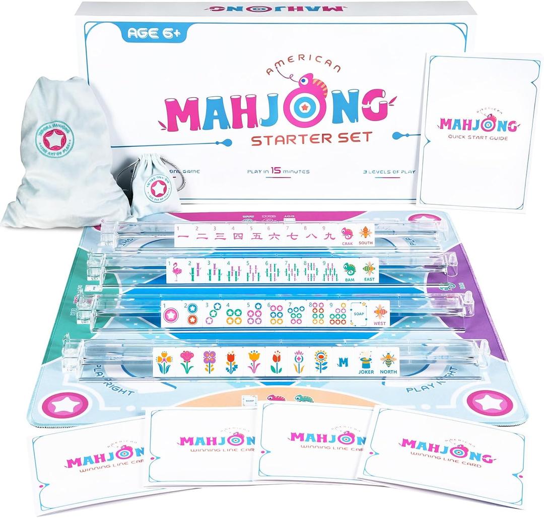 Mini Mahjong Set for Kids & Beginners, Portable Travel Mahjong Tiles Set American, 160 Acrylic Mini Mahjong Tiles with Carrying Bag, Mat, Racks, Mah Jong Starter Kit for Ages 6+ (Blue)