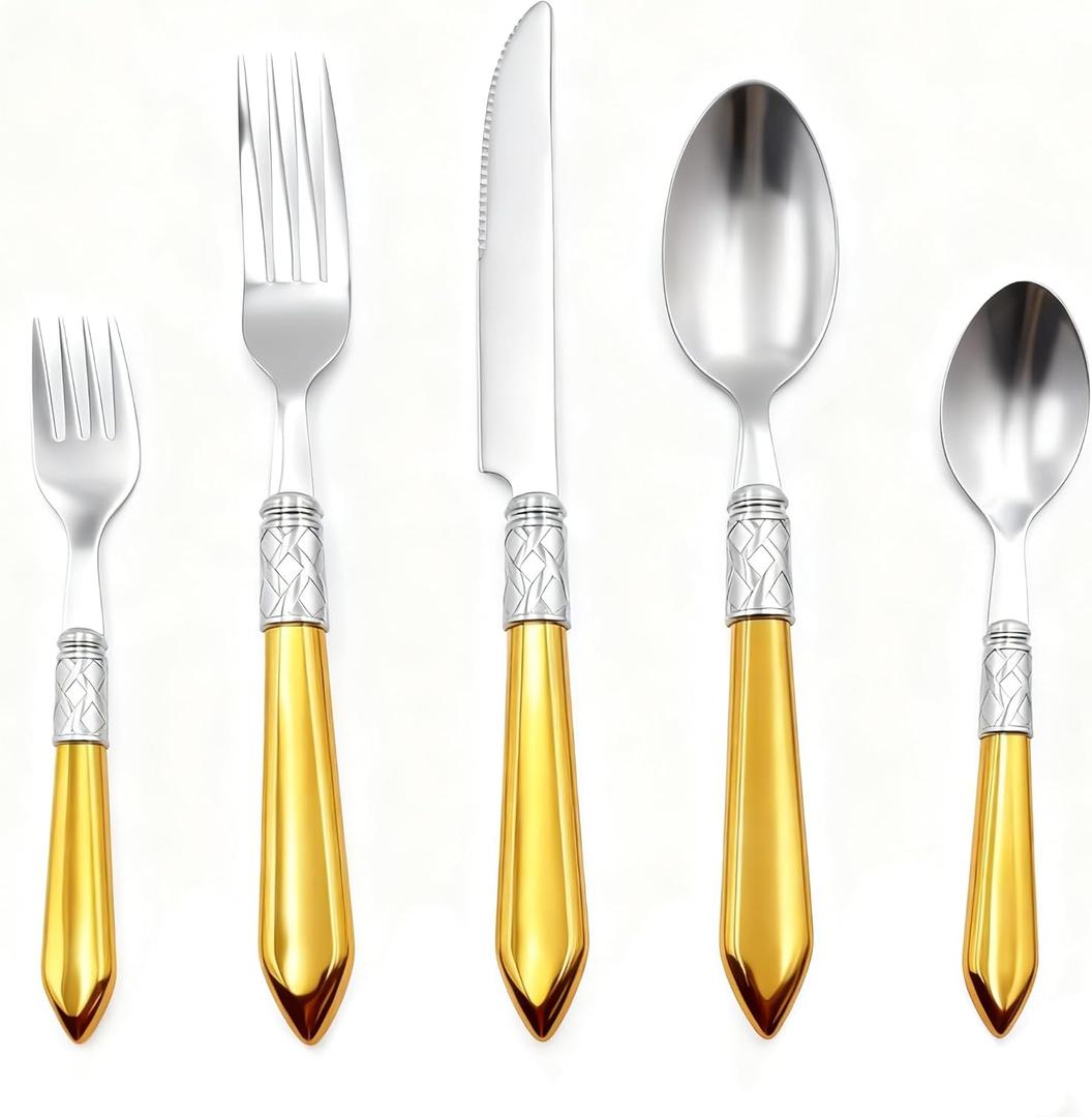HiFind 40 Piece Silverware Set Service for 8, Flatware Set, Premium Stainless Steel Cutlery, Mirror Cutlery Utensil Set, Polished Include Fork Knife Spoon, Dishwasher Safe (Yellow, 40Piece for 8)
