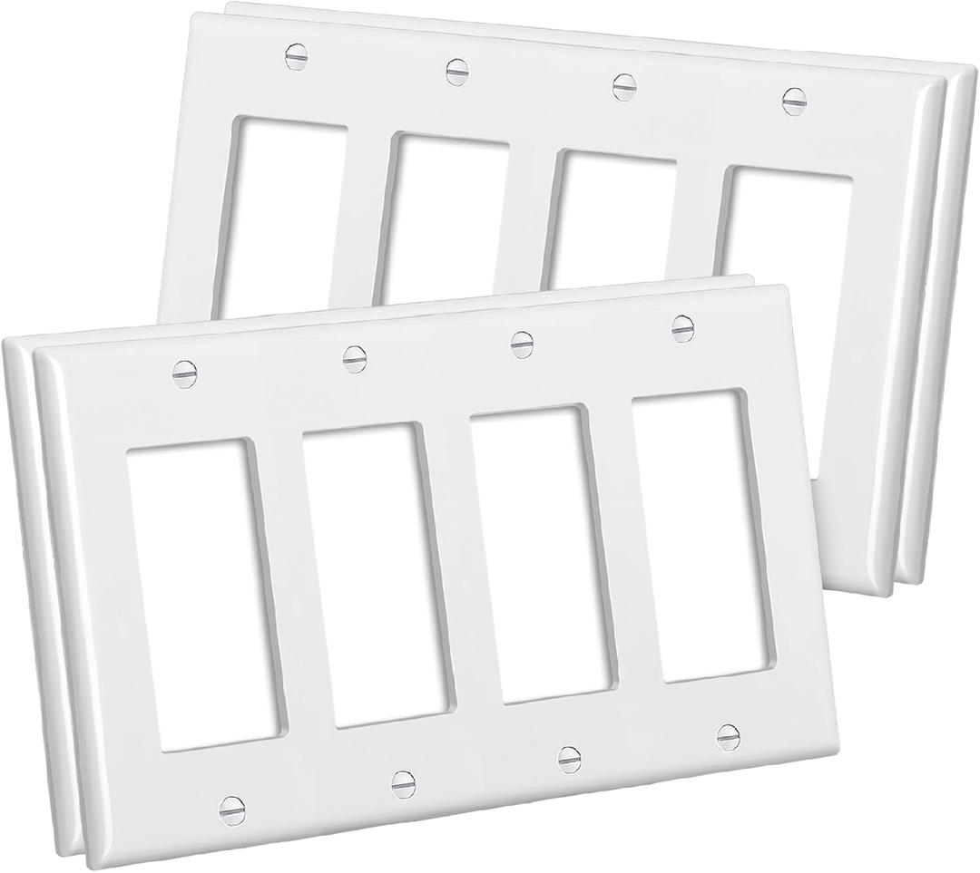 CML 4-Gang Decorator Wall Plates, 4 Pack Electrical Outlet Receptacle Covers and Switch Plates, Standard Size 4.5x8.23, Impact Resistant, UL Listed, White