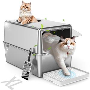 Stainless Steel Litter Box with Lid, Enclosed Metal with High Sides, Large Cat Litter Box, Dog-Proof, Odor Control, Easy to Clean,Durable with Round Edge (Frontal Opening) (Front Entry23.6" x 15.7" x 15.7")
