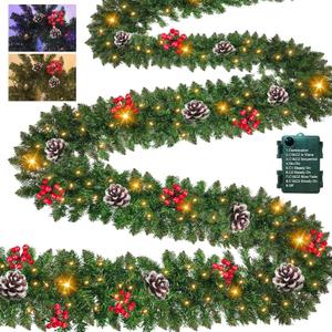 Prelit 50 LED - 9 Ft by 10 Inch Christmas Garland with Lights 12 Modes Timer, Thick 270 Realistic Tips 110 Berries 10 Pine Cone Warm White & Multicolored Lights Xmas Garland for Mantle Stairs Outdoor