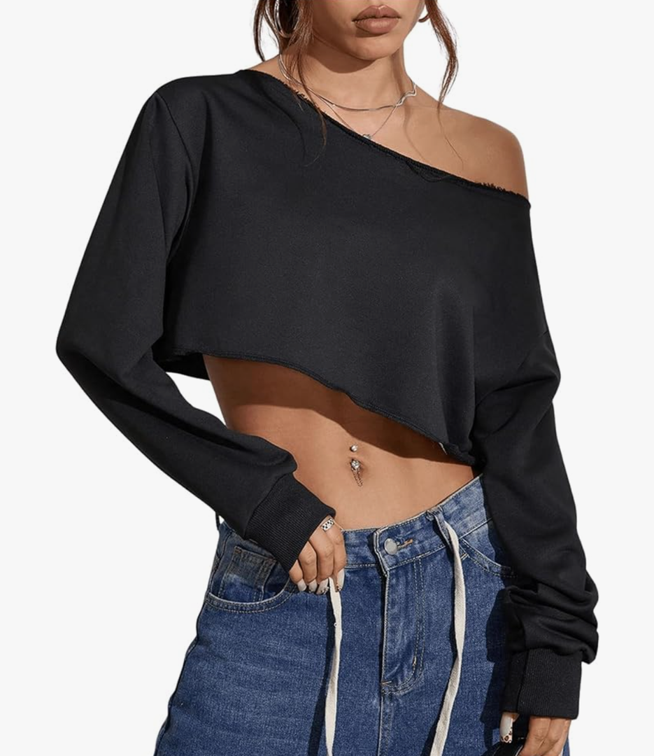 SweatyRocks Women's Off The Shoulder Boat Neck Y2k Crop Top Long Sleeve Solid Basic Loose Sweatshirt L