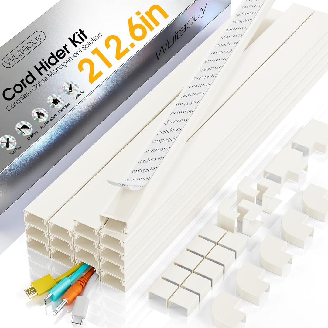 212.6in Cord Covers for 2-3 Wires on Wall, TV Cord Hider Wall, Paintable Cable Hider Raceway, Easier Set-up Wire Hider Wire Covers for Cords on Wall, Self-Adhesive Cable Cover, W0.95 H0.55in, Beige