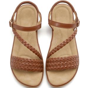 Aomigoct Dressy Womens Sandals Summer: Comfortable Strappy Flats Sandals Women - Casual Walking Woman Shoes (8, Brown)