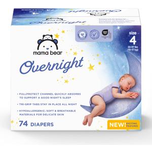 Amazon Brand - Mama Bear Overnight Baby Diapers with Leak Protection, Fragrance-Free, Size 4, 74 Count, Nighttime Protection, Leakproof with Leak Guards