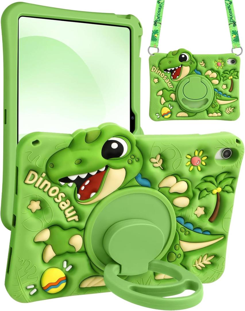 Boaretiu for iPad A16 Case/10th Generation Case - Green Dinosaur Cool for Boys Girls Teens Soft Silicone Cute with Shoulder Strap & Rotating Stand Case for iPad A16 11th Generation 11 Inch 2025