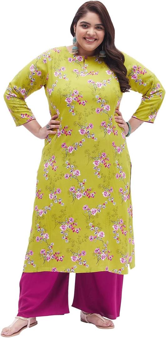 Tissu Women's Plus Size Light Green & Pink Printed Kurta with Palazzo (3X-Large Plus)