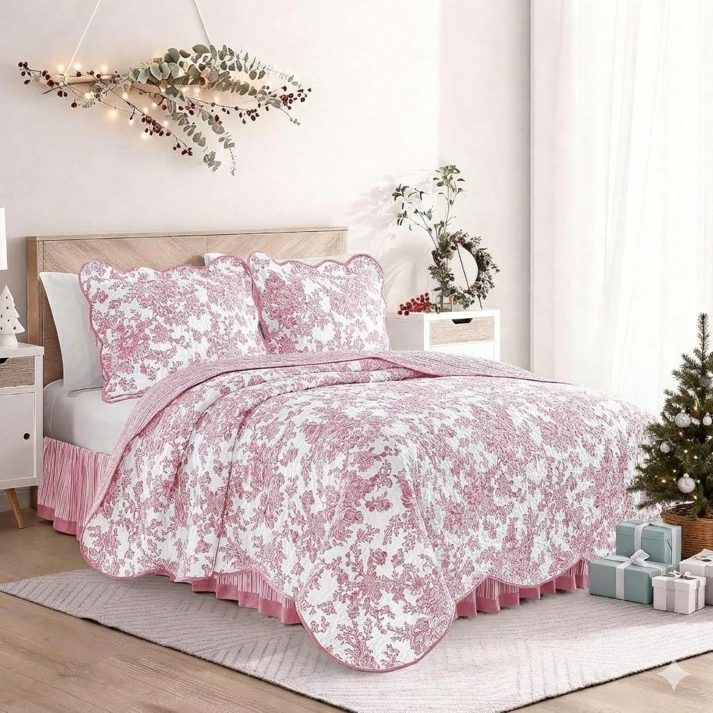 Wonderful 100% Cotton Pink Floral Quilt Set Twin Size Bedding Sets with Pillow Sham and Bed Skirt, 3 Pieces Floral Bedspread Coverlet Set, Quilted Blanket Bed Cover for All Season, 66"x86"
