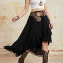 Verdusa Women's Western Cowgirl Lace Skirt Boho Asymmetrical Skirts Country Concert Outfits (Black, M)