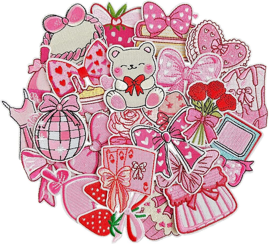 Iron on Patches for Girls, Cute Preppy Girly Iron on Patches, Strawberry Bow Heart Rose Embroidery Patches for Clothes, Backpacks, Socks, Jeans, Hats, and DIY Crafts (25 Pcs Pink)