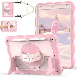 Case for iPad 9th Generation Case / 8th Gen / 7th Gen 10.2 Inch 2021 2020 2019, Heavy Duty Shockproof Protective Cover with Pencil Holder [360 Rotate Strap] & Stand for Kids, Pink