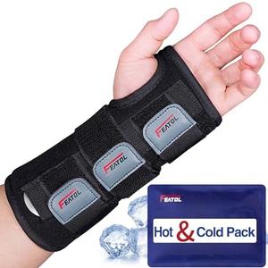 FEATOL Wrist Brace Carpal Tunnel, Night Support Brace with Wrist Splint, Adjustable Straps, Hot/Ice Pack for Women and Men, Left Hand, Small/Medium, Tendinitis, Arthritis, Pain Relief (Pack of 5)