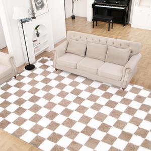 Super Soft Area Rug for Bedroom, 8x10 Ft Beige and White Classic Checkered Shaggy High Pile Fluffy Fuzzy Carpet for Living Room, Kids Room, Nursery, Dorm, Home Decor