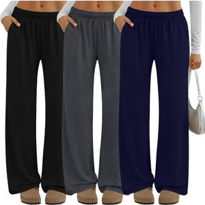 Neer 3 Pack Women's Lounge Pants Wide Leg Yoga Built in Drawstring High Waisted Casual Comfy Baggy Sweatpants with Pockets (Black, L)
