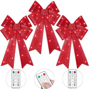 WILLBOND 3 Pcs Pre Lit Christmas Bow Decoration 24x12 Inches LED Light Large Red Bow Tree with Timer Function Lighted Christmas Tree Decor 8 Function