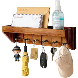 Key Holder for Wall with Mail Organizer - 12.8 Inch Wall Mounted Key Rack with 6 Key Hooks & Wall Shelf, Wooden Key Hanger for Entryway, Hallway, Kitchen, Farmhouse Home Decor (Burnt Brown)