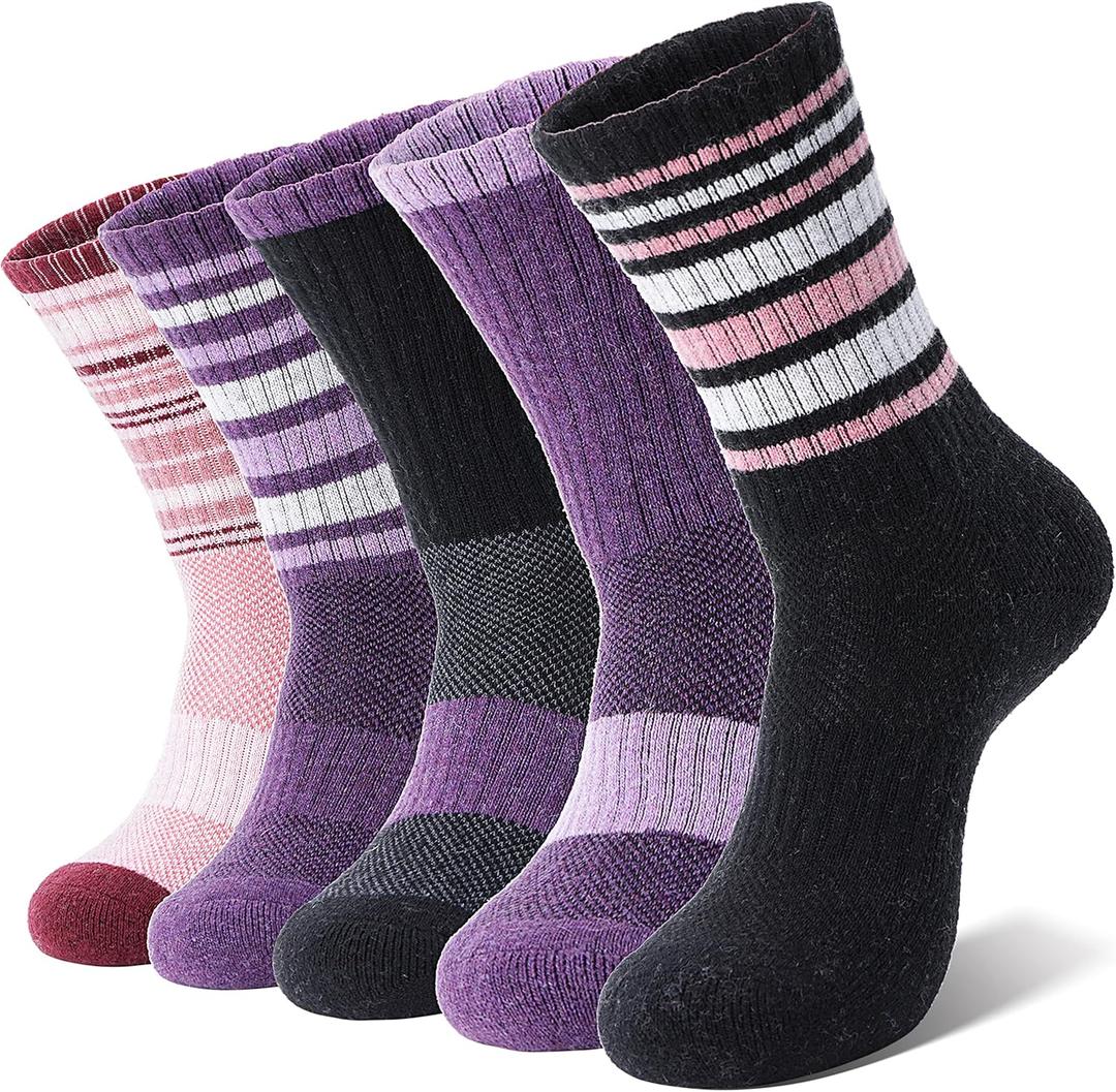 Anlisim Merino Wool Hiking Socks for Women Thermal Winter Warm Boot Work Cushion Socks 5 Pairs (Medium, Purple/Black/Pink(5 Pairs)