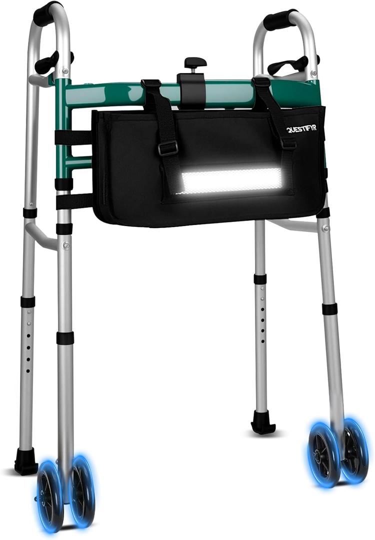 Folding Dual-Wheel Walker for Seniors with Motion Sensor Night Light & Storage Bag, Lightweight Adjustable Aluminum Walker for Elderly and Disabled, Compact Design for Small Spaces, Supports 350 lbs
