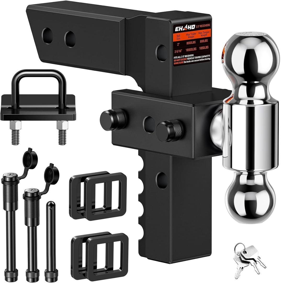 Ehaho Adjustable Trailer Hitch, Drop Hitch 2.5 Inch Receiver with 6 Inch Drop/Rise for Truck 18,500 LBS GTW, 360 Rotating Towing Hitch Balls Double Anti-Theft Locking Hitch Pins