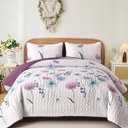 Purple Quilt Set King, Floral Printed Bedspread Coverlet Set | Purple Blue Flower Printed Beige Bed Cover, Soft Microfiber, Farmhouse Bedding for Women, Spring Autumn, King (104"x96")
