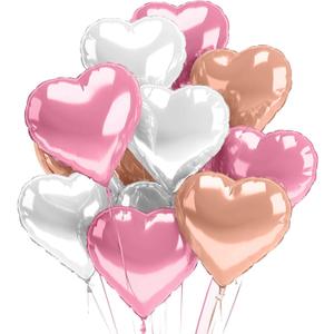 2 x Pastel Heart Balloons 12 PACK Pink Valentines Day Heart Shaped Decorations Rose Gold Mylar Foil Balloon Set