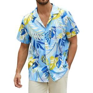 Hardaddy Men's Hawaiian Shirt Short Sleeve Tropical Button Down Shirts Floral Leaf Summer Beach Tops Holiday Wear (Large, Aqua Blue-palm Leaf-01)