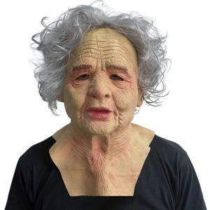 Old Man Mask Latex Elder Halloween Mask Old Person Cosplay Mask with Gray Wig (Women)