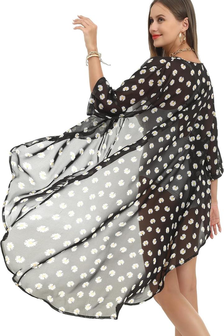Soul Young Women's Floral Kimono Cardigan Swimsuit Beach Cover up with Open Front Dress Beachwear for Summer (Medium)