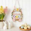 ONEHAUS Easter Decorations Wooden Wreath for Front Door Sign, Happy Easter Cute Bunny Porch Decor Welcome Hanging Sign for Outdoor, Wall Hanging Rabbit Wreath for Party Home Indoor