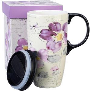 Topadorn Tall Ceramic Travel Mug 17 oz. Coffee Cups Sealed Lid With Color Box (Purple Flower)