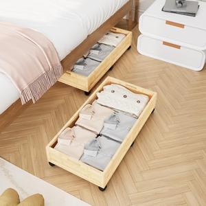 Bamboo Under Bed Storage Containers, Rolling Underbed Organizer with Wheels, Sturdy Under the Bed Shoe Storage Bins, Stackable Underbed Drawers for Bedroom Closet Clothing Toy 2 Packs (Natural, Large)