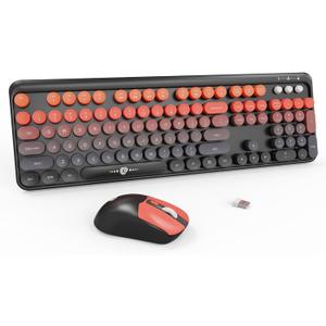 FOPETT Wireless Keyboard and Mouse Combo - 2.4G Full-Sized Cute Colorful Mouse and Keyboard with 104 Round Keys Retro Typewriter Keyboard for Laptop/Windows/PC - Orange Gradient