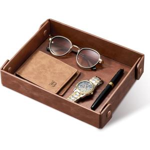 Catch All Valet Tray - EDC Organizer for Key, Wallet, Watch, Jewelry, Phone, coin change | Faux Leather Storage Tray for Dresser, Nightstand, Desk, Entryway, Travel Storage | Brown