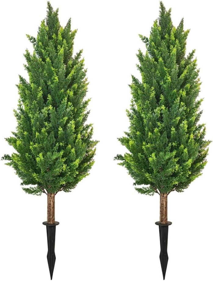 3.2Ft UV-Resistant Artificial Cedar Topiary Trees with Ground Spike, Set of 2 Faux Cypress Trees Artificial Shrubs Fake Pine Bushes for Indoor Outdoor Garden, Patio Decor