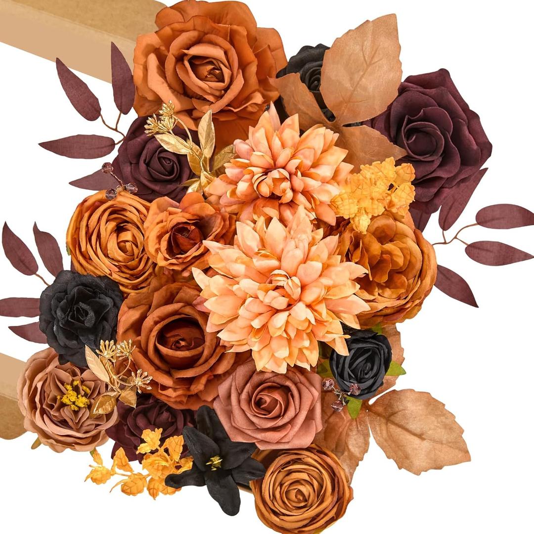 Serwalin Artificial Orange & Black Flowers, Silk Fake Flowers for DIY Wedding Bouquets Cake Flower, Harvest Table Centerpieces Birthday Party Home Halloween Decorations (Grand)